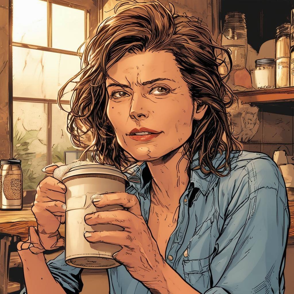 mom in wrinkled shirt and unkempt hair with cold coffee